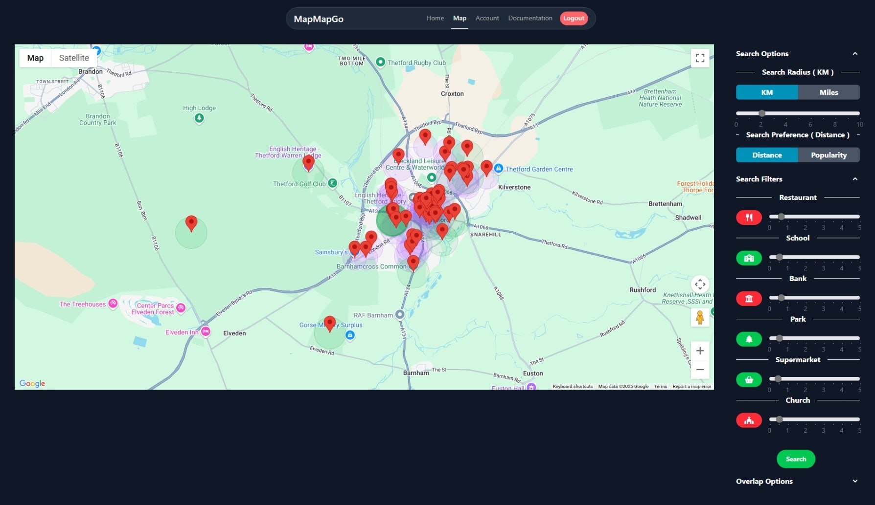 A screenshot of the main maps page of MapMapGo showing multiple categories ticked to be included in the search and relevant locations shown on the map with waypoints and coloured circled of a user chosen radii