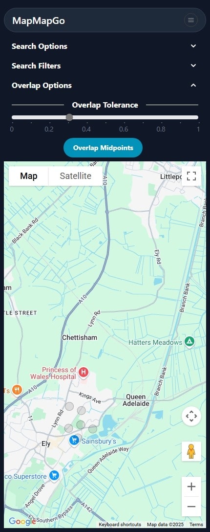 A screenshot of the main maps page of MapMapGo on a mobile showing black circles on the map generated by the overlap features that find the optimal locations