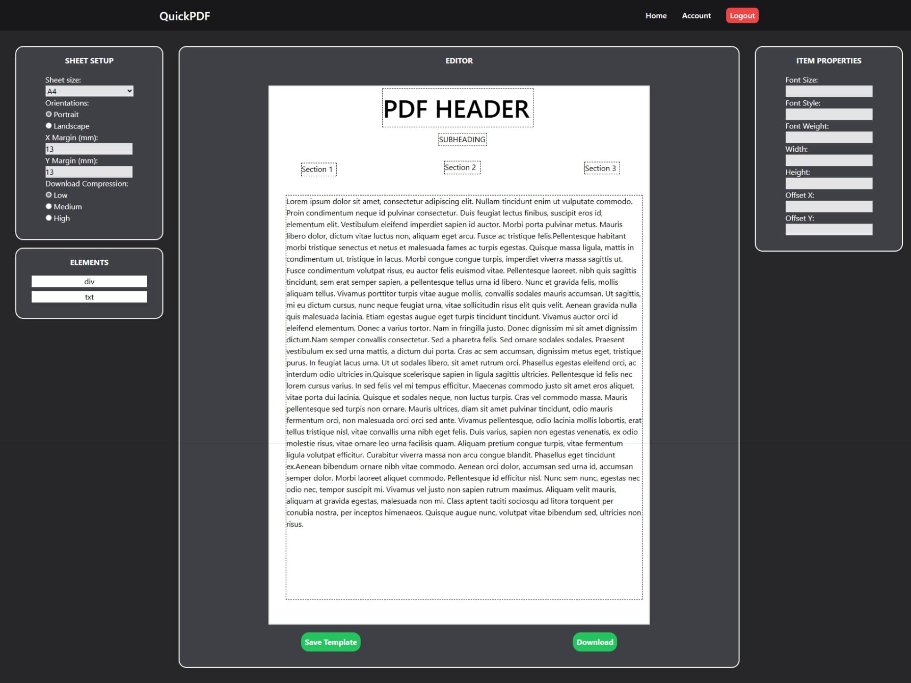 A screenshot of the sheet editing page of QuickPDF