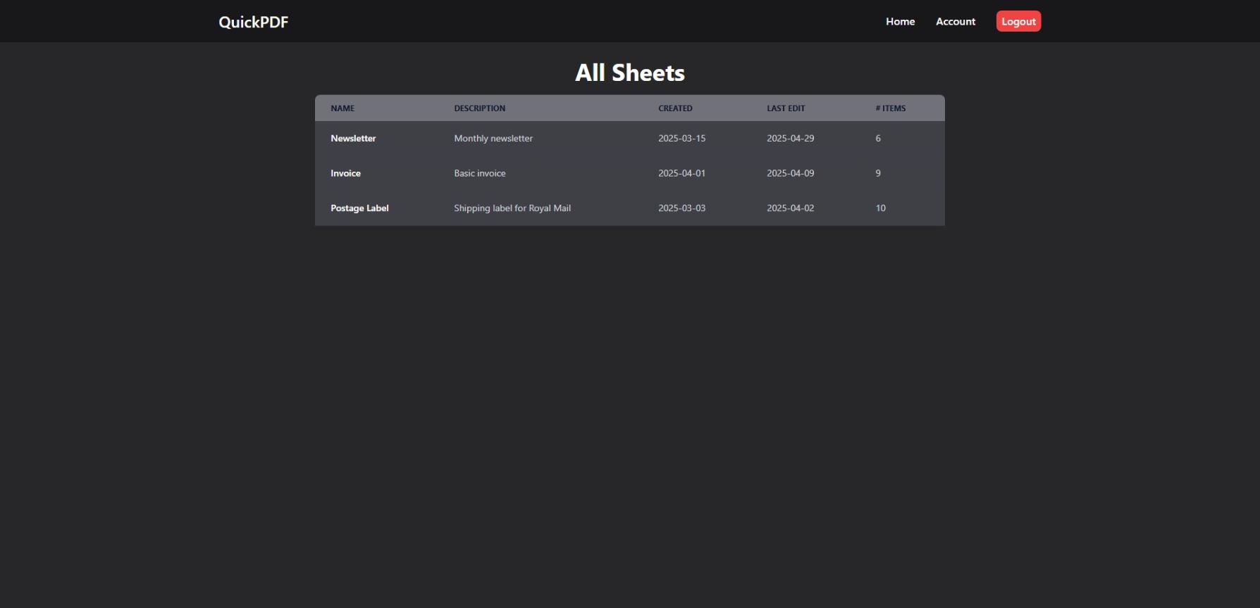 A screenshot of the main page of QuickPDF showing a table of the user's templates